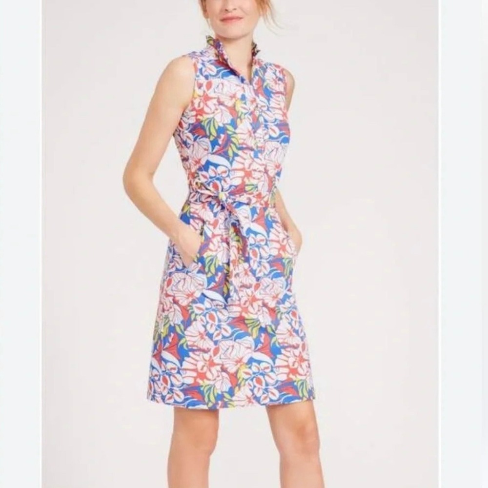 J. McLaughlin Blue Tropical Print Doris Catalina Cloth Button‎ Front Dress Large